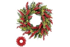 Chrisxiao Christmas Wreath, Artificial Christmas Wreaths for Front Door Decorated with Kashiwa Leaves, Caudal Branch, Timothy, Podocarpus for Indoor Outdoor Christmas Decorations 24 INCH
