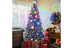 Juegoal 6 ft Pre-Lit Optical Fiber Christmas Artificial Tree, RGB Color Changing LED Lights, Snowflakes & Top Star, Fake Xmas Tree with Metal Legs
