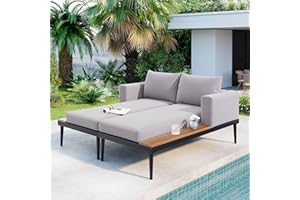 Ibraccieni 2 in 1 Outdoor Daybed with 3.9" Cushion, Metal Sunbed with Wood Topped Side Spaces for Drinks, Garden Chaise Loung Loveseat with Adjustable Legs for Poolside, Balcony, Deck, Gray