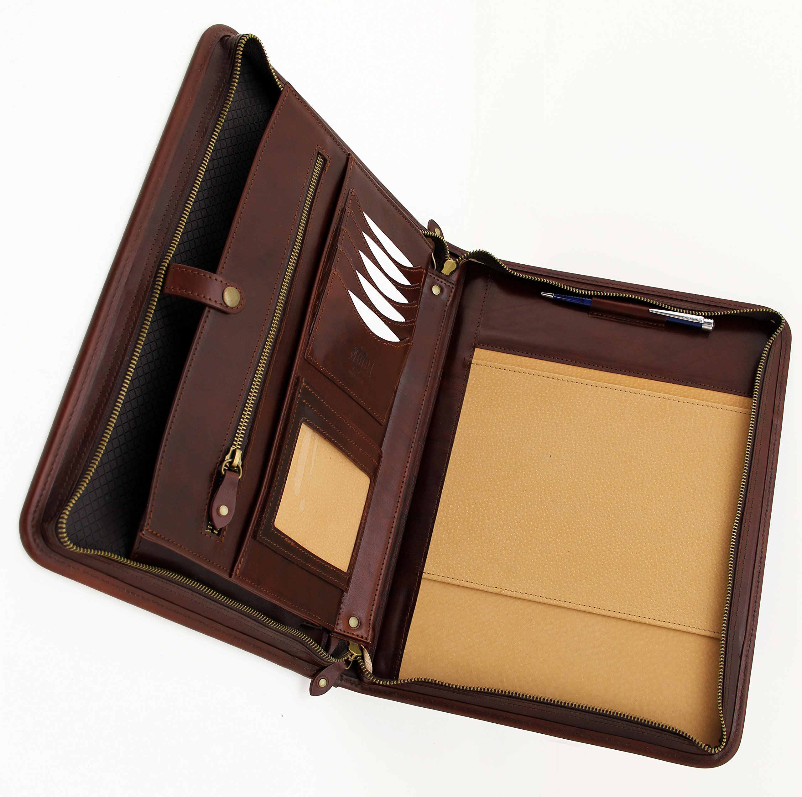 Italian Leather Portfolio, Zipped Conference A4, Folder, Padfolio, Leather Folio With Handle (Brown)