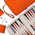Lingle Backgammon Sets for Adults, Classic Board Game with Folding Leather Backgammon Case, Portable Travel Backgammon Game Set (Orange)