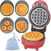 Baker's Friend 4 in 1 Mini Waffle Maker with Removable Plates, Set Includes Mini Pancake, Donut, Heart Shape Waffle Makers, Compact Size, Recipe Included, Red