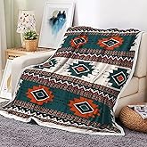 Southwest Aztec Throw Blankets, Traditional Navajo Patterned Flannel Soft Throw Blanket, Boho Southwestern Decor Throw Blanket for Couch, Chair, Camping, Bed, 50”x60”, Teal and Beige