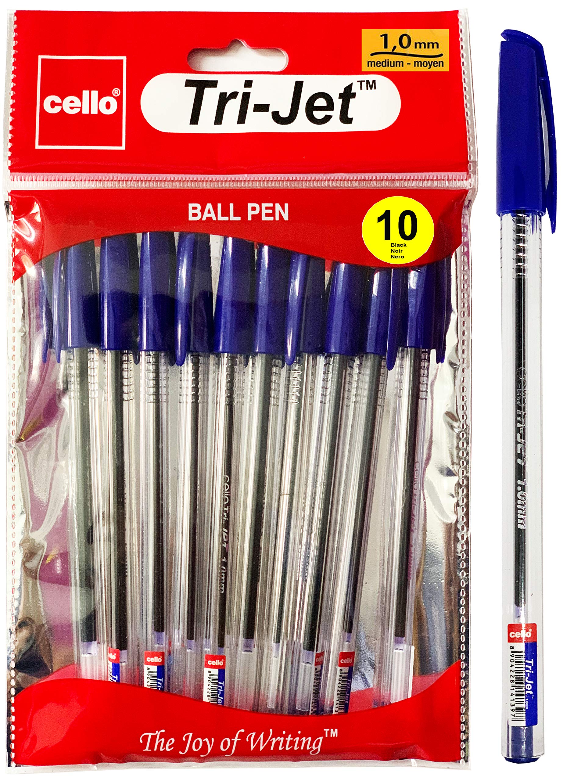Cello Tri-Jet Ballpoint Pens Extra Grip Medium Point Biros (1.0 mm) - Blue Pens, Pack Of 10