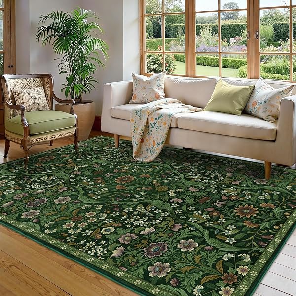 FLORAL WASHABLE 6X9 AREA RUG,DARK GREEN BOHO RUGS FOR LIVING ROOM, SOFT LOW-PILE NON-SLIP STAIN RESISTANT & NON-SHEDDING CARPET FOR BEDROOM, DINING ROOM, OFFICE, ENTRYWAY, NURSERY