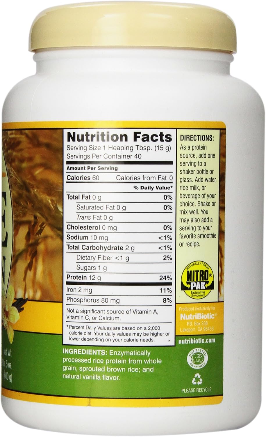 Nutribiotic Rice Protein, Vanilla, 21 Ounce: Health & Personal Care