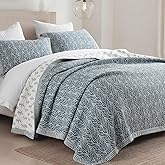 Finlonte Cotton Quilts Queen Size - 100% Cotton Queen Comforter Set, Botanical Quilt Bedding Set, Lightweight Reversible Soft Quilted Bedspread for Queen Bed, Grayish-Blue/White, All Season, 3 Pcs