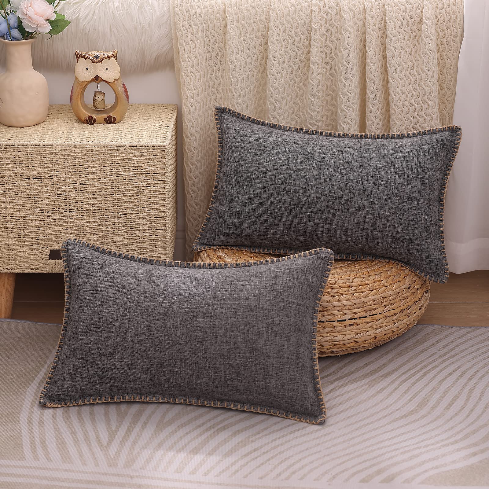 decorUhome Set of 2 Linen Cushion Covers 30X50cm,Decorative Outdoor Plain Vintage Cushion Covers with Stitched Edges, Rectangle Farmhouse Neutral Pillow case 12x20 Inch for Sofa, Dark Grey
