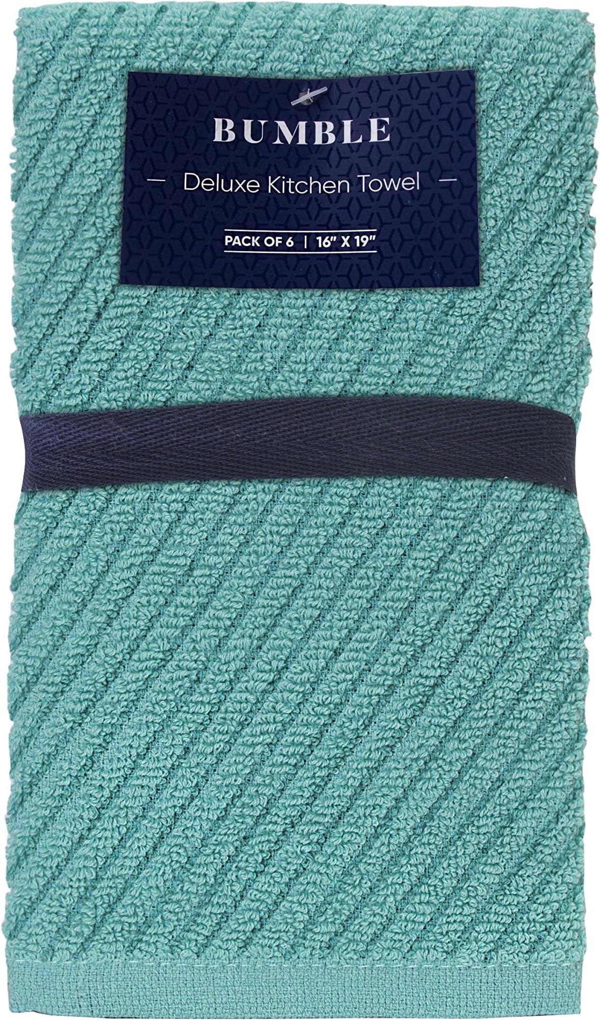 Bumble Deluxe Barmop Kitchen Towel 6-Pack / 16 x 19 / Premium Ultra Absorbent Cotton Hand Towels / Quick Drying Tea Towels / Diagonal Weave Thick 2-Ply / Long Lasting - Aqua