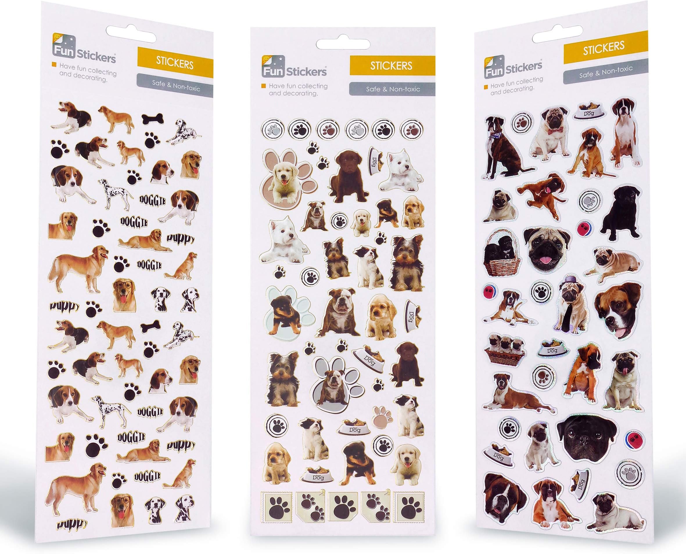 Dog and Puppy Stickers for Children, Kids, Toddlers, Adults OVER 90 Stickers - 3 Pack Self Adhesive Sausage Dog Dachshund Sticker Sheets - Scrapbook Craft Activities and Party Bag Fillers