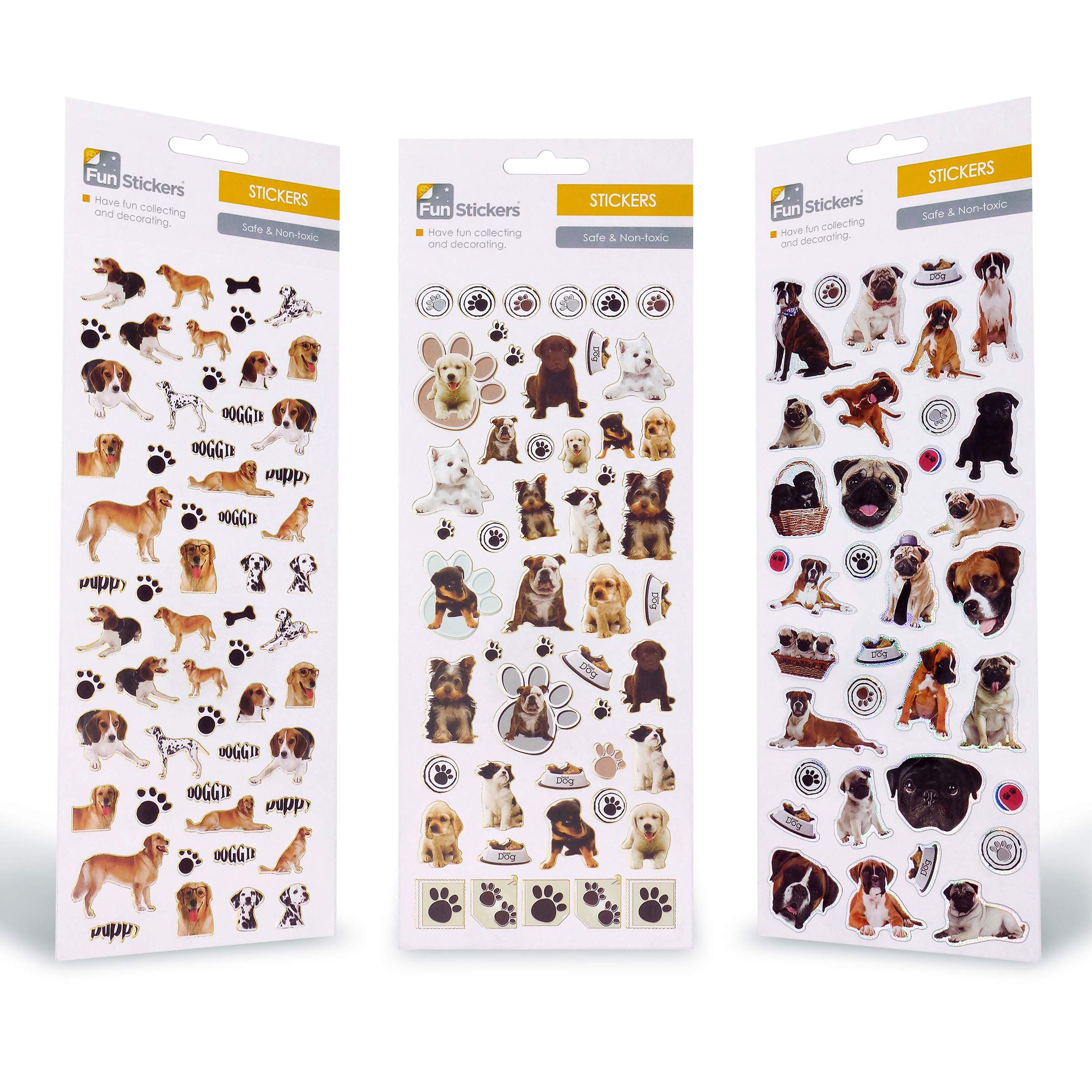 Dog and Puppy Stickers for Children, Kids, Toddlers, Adults OVER 90 Stickers - 3 Pack Self Adhesive Sausage Dog Dachshund Sticker Sheets - Scrapbook Craft Activities and Party Bag Fillers