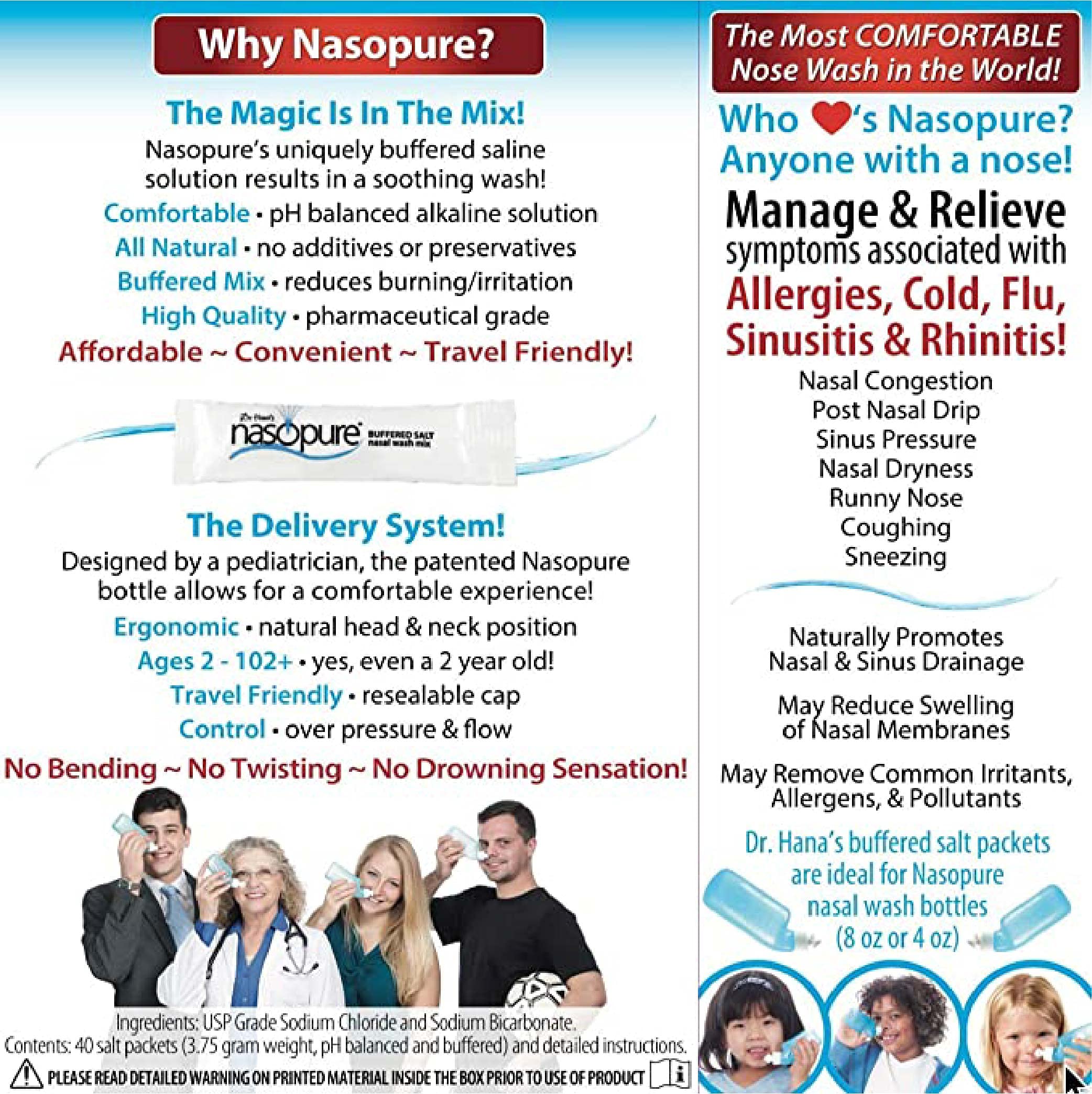 Nasopure Nasal Wash, Refill Kit, “The Nicer Neti Pot” Sinus Wash Kit, Comfortable Nasal Rinse 40 Salt Packets (3.75 Grams Each), Nasal Congestion, Cold, Flu, Allergy, Nasal Irrigation System, Lavage