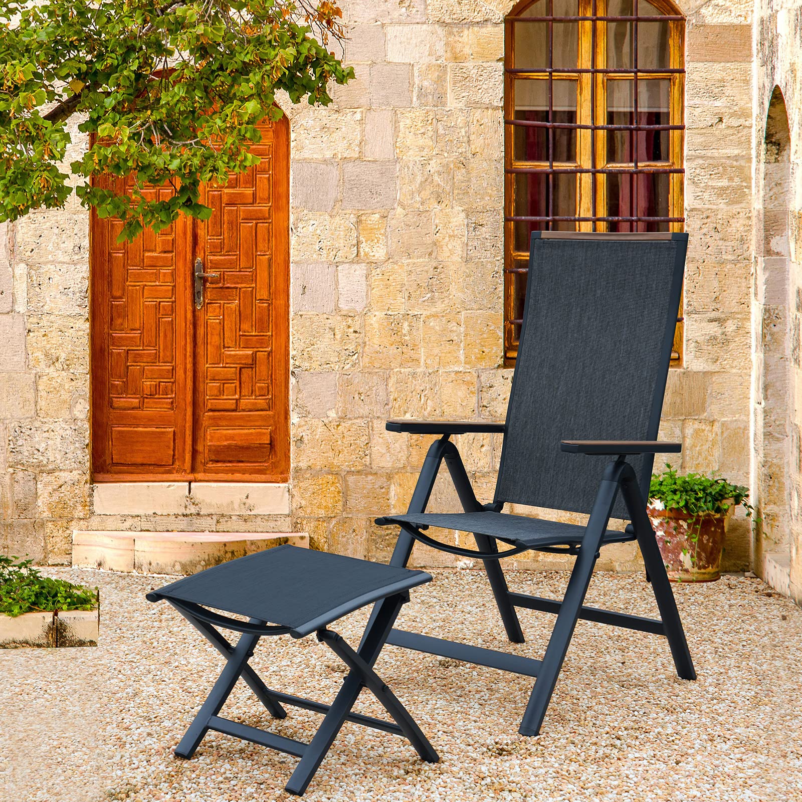 Grand patio Garten Klappstuhl, Liegestuhl, Gartenstühle, Aluminium Gartenstuhl Hochlehner klappbar, Balkon Stuhl mit 6-Fach Verstellbare, Wetterfest, Essstuhl für Camping, Balkon, Terrasse (Schwarz) 2