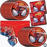 Spiderman Birthday Decorations | Serves 16 | Tablecloth, Plates, Napkins, Sticker | Spiderman Party Decorations