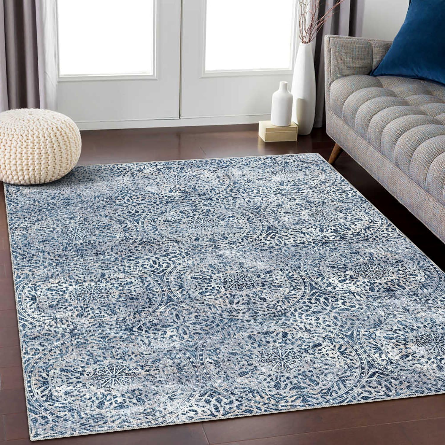 Photo 1 of vivorug 4x6 Rug, Stain Resistant Washable Rug for Living Room, Neutral Area Rug Vintage Inspired (Blue/Medallion, 4'x6')