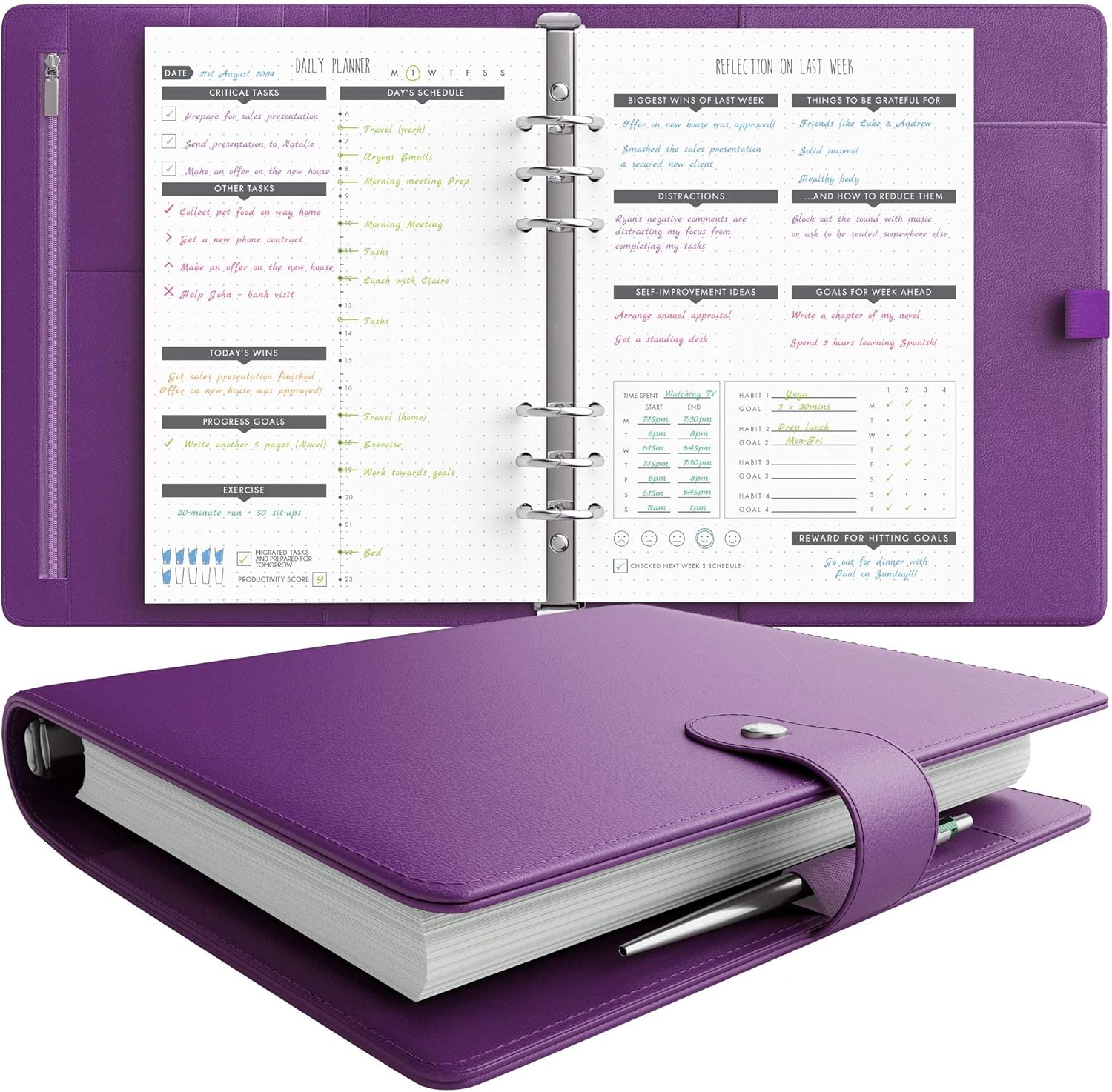 LUX Productivity PRO A5 Planner – Best Undated Diary Task Organizer with Daily Schedule & Reflection Journal - Manage Time/Projects/Finances/Goals/Gratitude/Happiness- (Purple) : Office Products