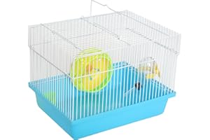 YML Single Story Dwarf Hamster Cage with Small Wheel/Dish and Water Bottle/Plastic Base, Blue, 10.5" x 8" x 7.75"