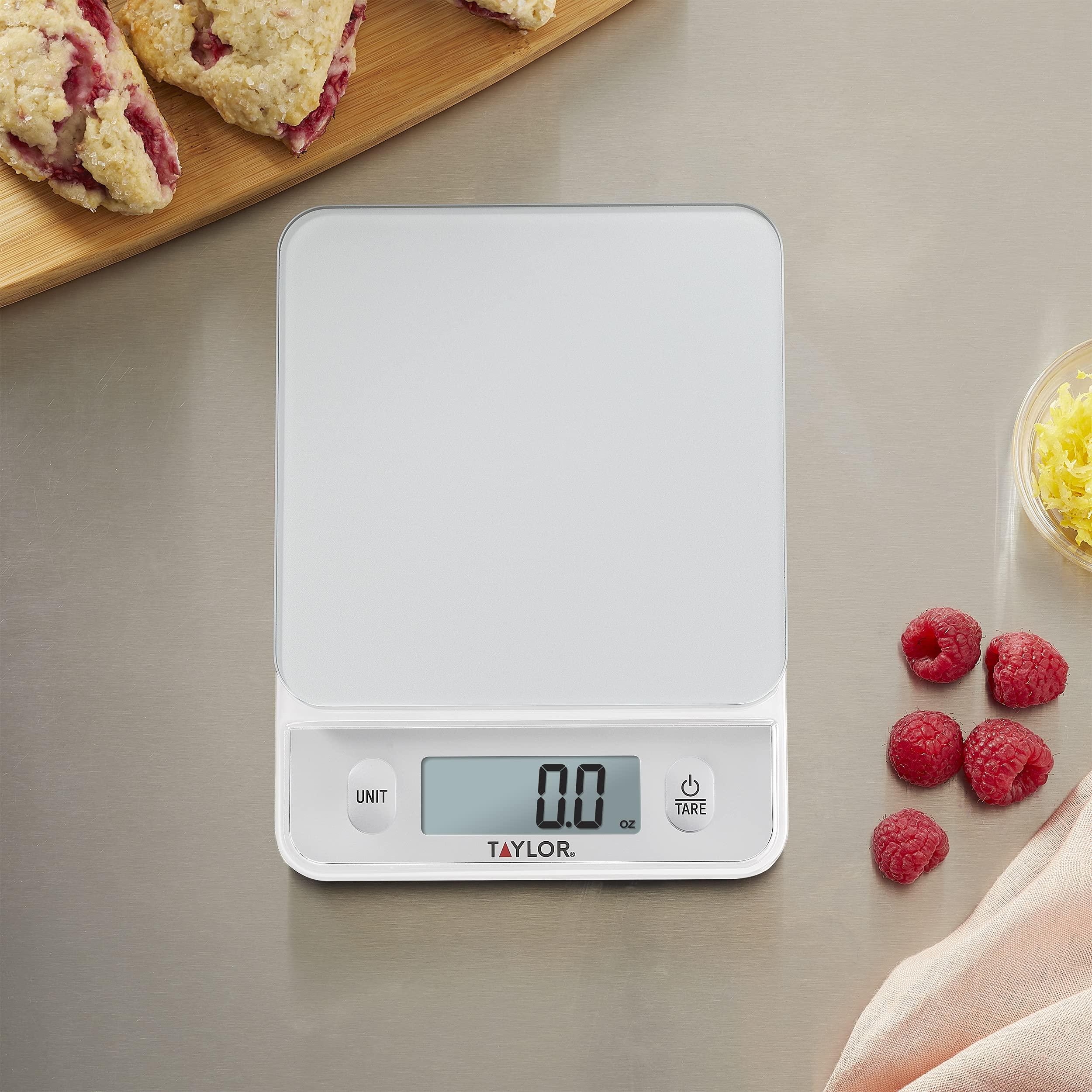 Taylor Glass Top Food Scale with Touch Controls, 11 lb Capacity, Sleek Silver Design, Accurate and Easy-to-Use Scale for Cooking and Baking