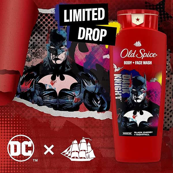 OLD SPICE BODY WASH FOR MEN, BATMAN: DARK NIGHT, 3X DEFENSE, 24/7 SHOWER FRESH WITH LASTING SCENT, CLEANSING 2-IN-1 BODY & FACE WASH, SMELL LIKE A HERO, BLACK CHERRY AND NIGHTFALL SCENT, 24 OZ