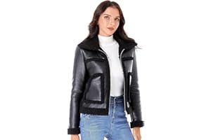 DIASHINY Women's Faux Shearing Fur Winter Coat Warm Thick Fur Lined Faux Leather Jacket