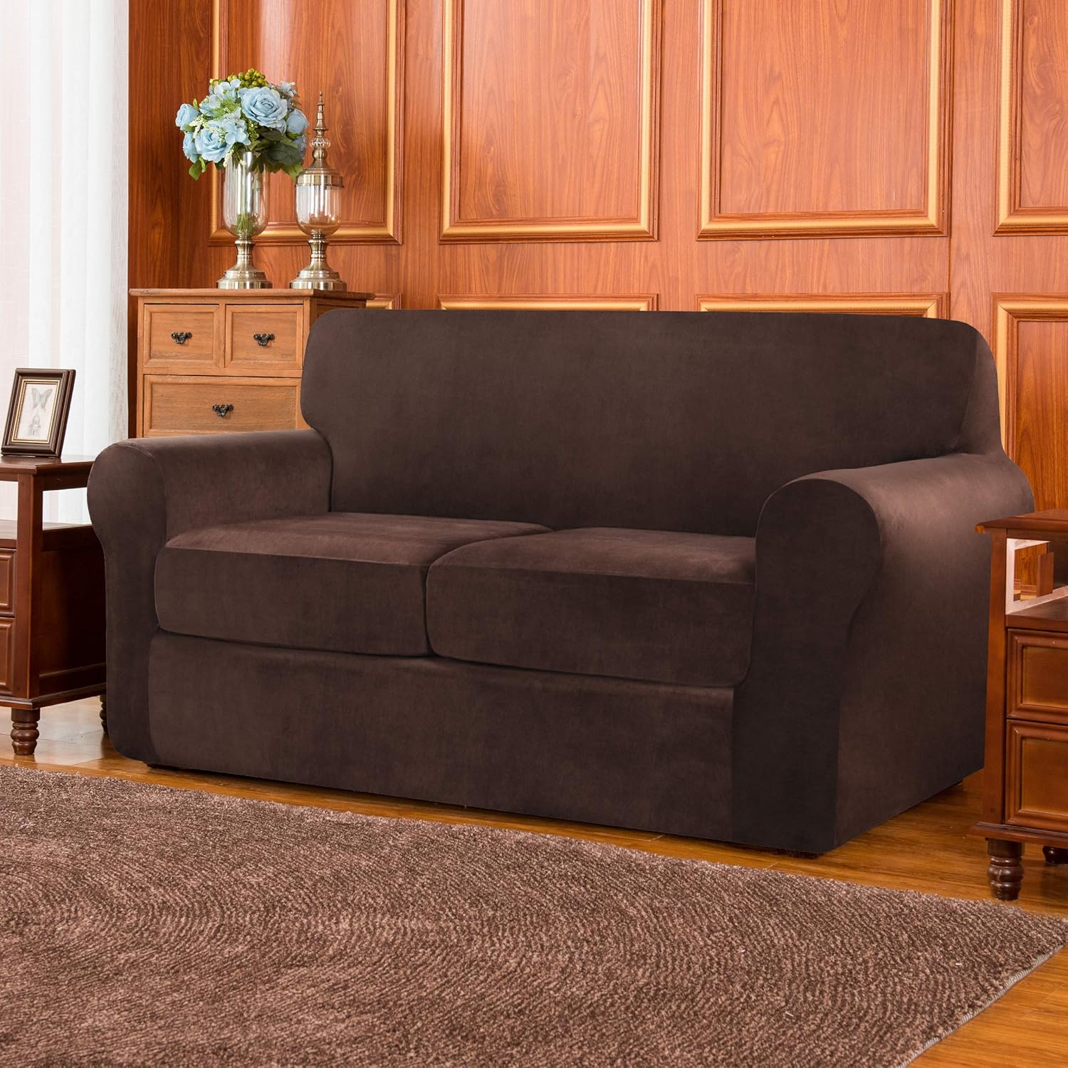 subrtex 2-Seater Stretch Velvet Sofa Couch Cover with Separate Cushion Soft Sofa Slipcover for Modern Plush Furniture Protector(2 Seaters - Image 3