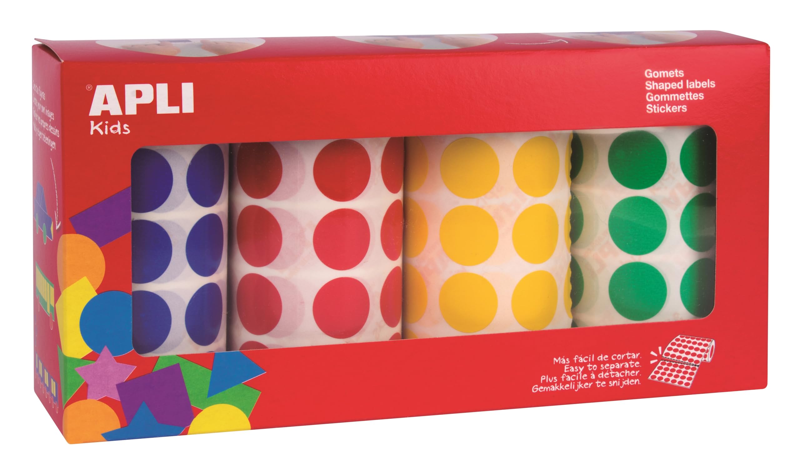 APLI Kids 13793 Coloured Stickers (Yellow, Blue, Red, Green) 20 mm Rolls for Fine Motor Skills, Children's Learning and Crafts