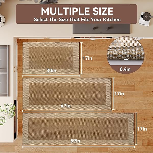 QICAIJIA KITCHEN MATS FOR FLOOR, SUPER ABSORBENT KITCHEN RUGS NON SLIP WASHABLE, SOFT LINEN BRAIDED KITCHEN RUNNER RUG, STANDING MAT KITCHEN SINK MAT, EASY TO CLEAN, BROWN 17X47