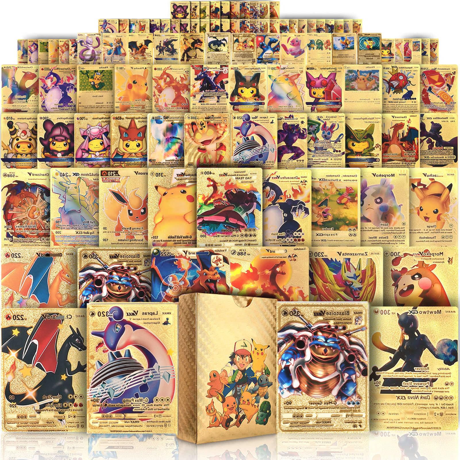 Stake Packs Rarest Card Ultra Rare 55 PCS Gold Cards Packs Vmax V EX GX Rare Golden Cards TCG ...