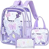 AO ALI VICTORY Clear Backpack for Boys Girls, Kids Backpack Set with Lunch Box Pencil Bag PVC Elementary Laptop Bookbag for School Students See Through Transparent Travel Back Pack, Purple Butterfly