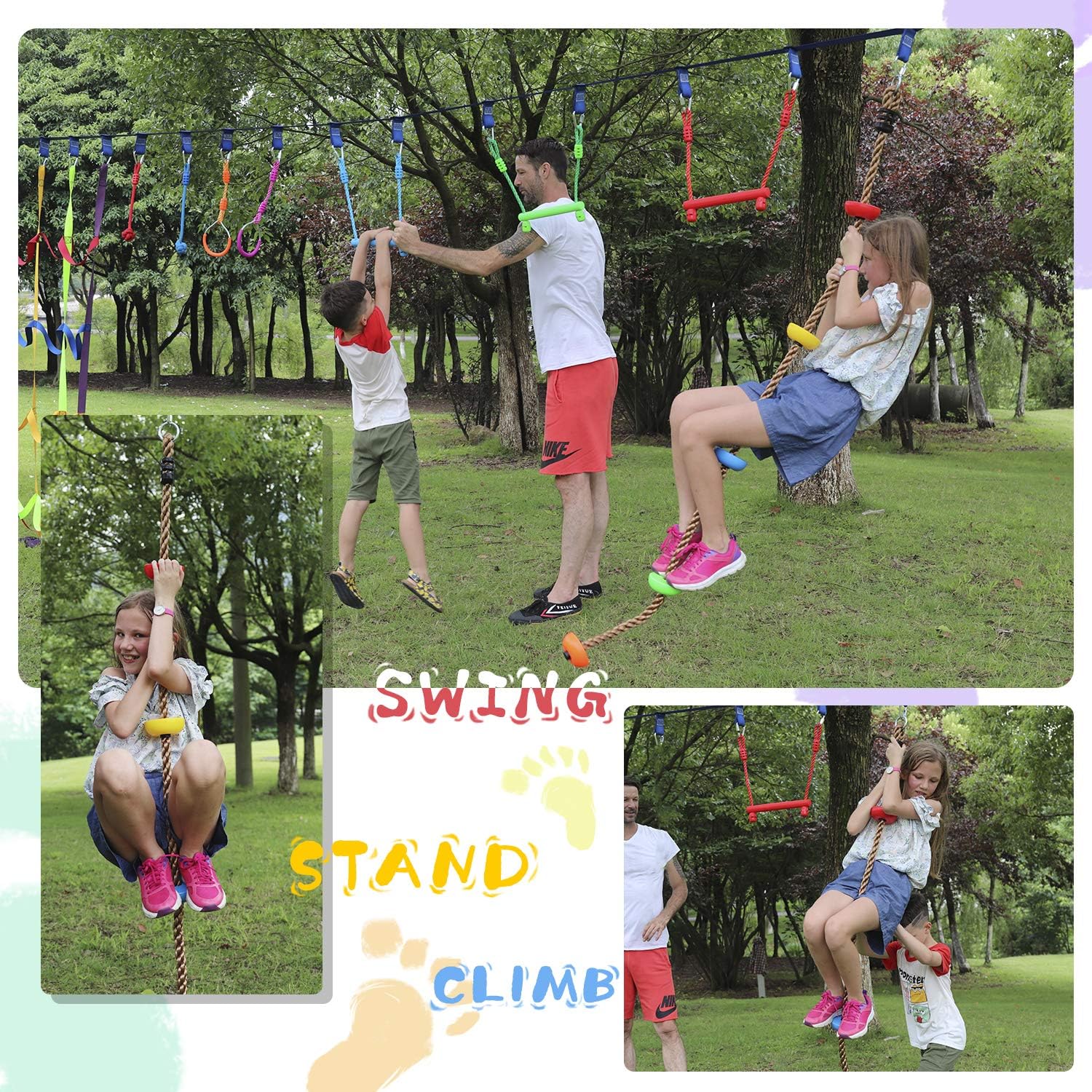 Rainbow Craft Colorful Climbing Rope - 6.5ft with 5 Knotted Foot - Kids Ninja Rope for Ninja Slackline Obstacle Course Accessories Kids Swing Set Backyard Play: Toys & Games