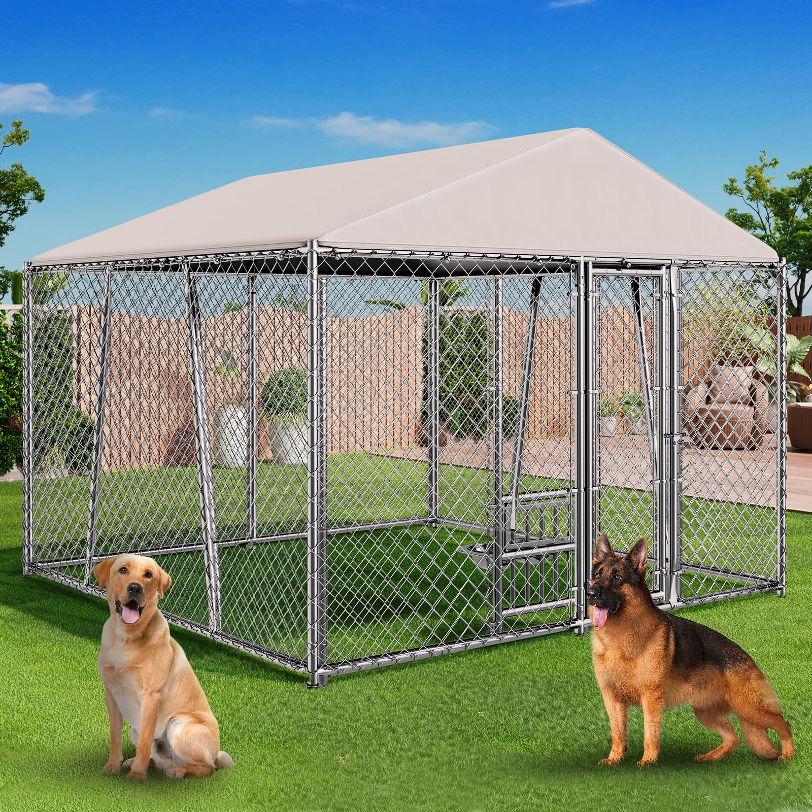 Photo 1 of Lyromix 10 x 10FT Large Outdoor Dog Kennel with Bowls, Dog Kennel Outside with Waterproof Cover Roof, Galvanized Heavy Duty Chain Link Dog Runs Cage Playpen for Outside with Secure Lock