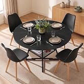 HAPPYMONT 47in Round Dining Table Set for 4, Kitchen Table with Chairs | Circle Table, PU Leather Chair, Metal Cross Base, Storage Shelf, Breakfast Nook, Space-Saving, Apartment, Living Room, Black