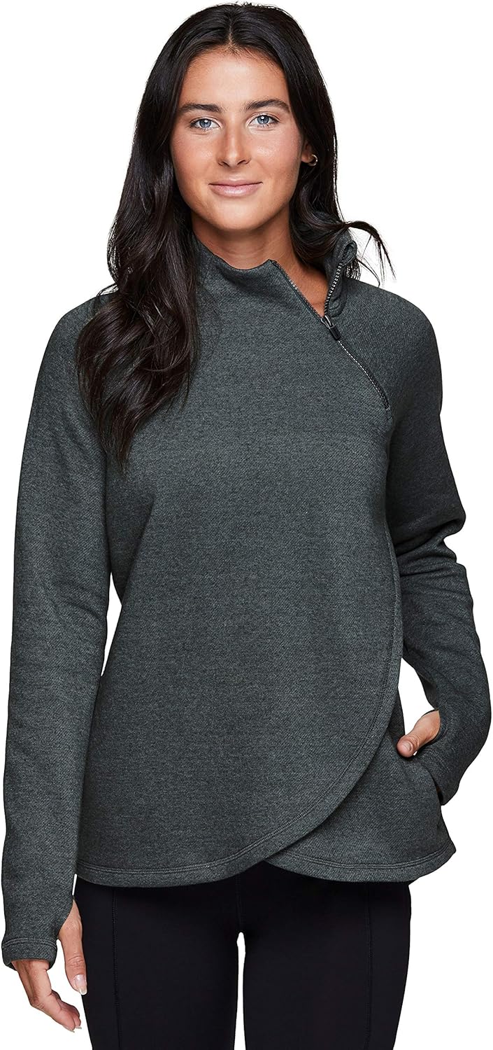 RBX Activewear Women's Fleece Pullover Sweatshirt with Zip Mock Neck, Pockets and Thumb Holes at  Women’s Clothing store