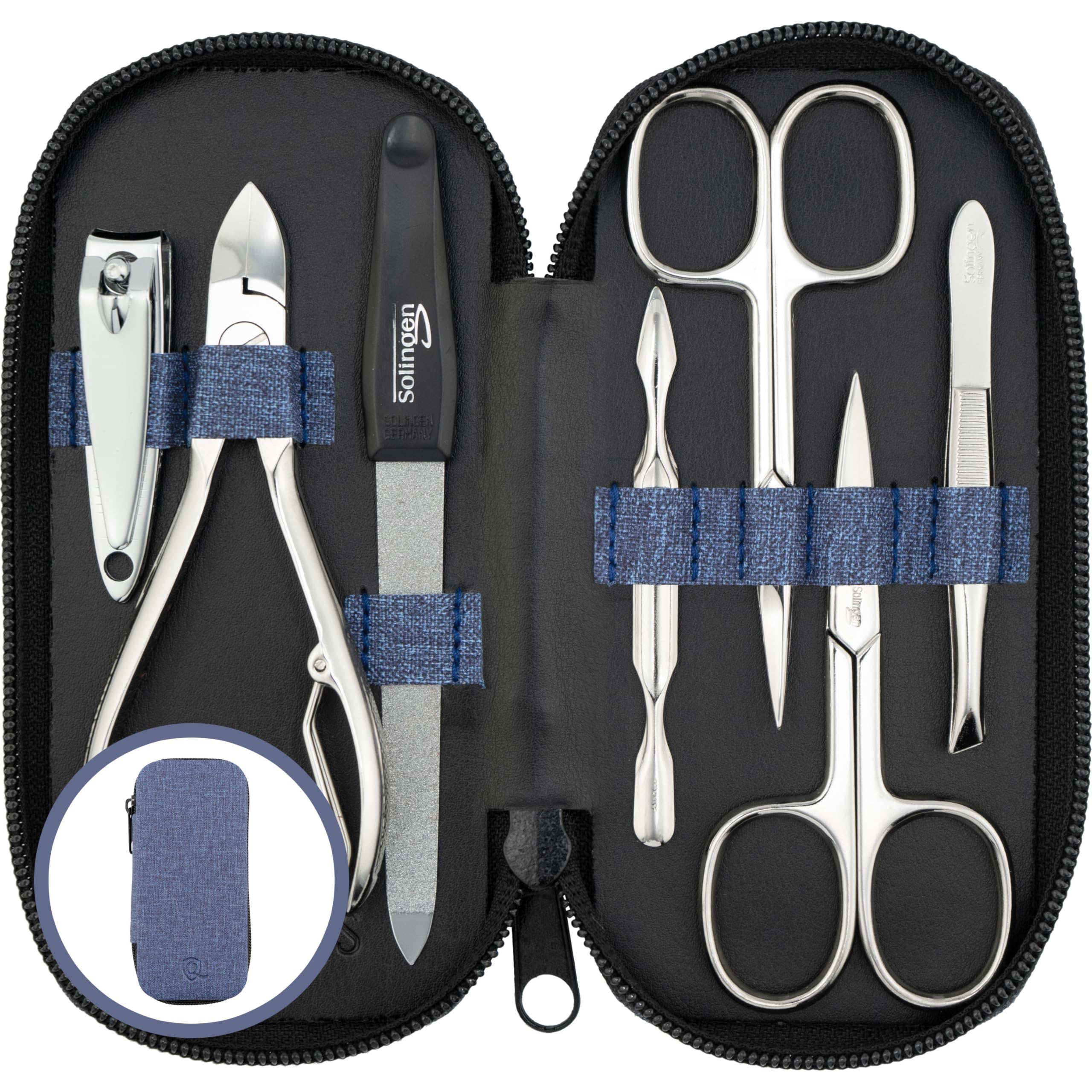 Solingen Manicure Set for Women & Men - 7-Piece Pedicure Kit Made in Germany with Nail Nippers - Elegant and Handy Fashion Leather Case - Ideal as a Gift, for Travelling or Home Use, Jeans