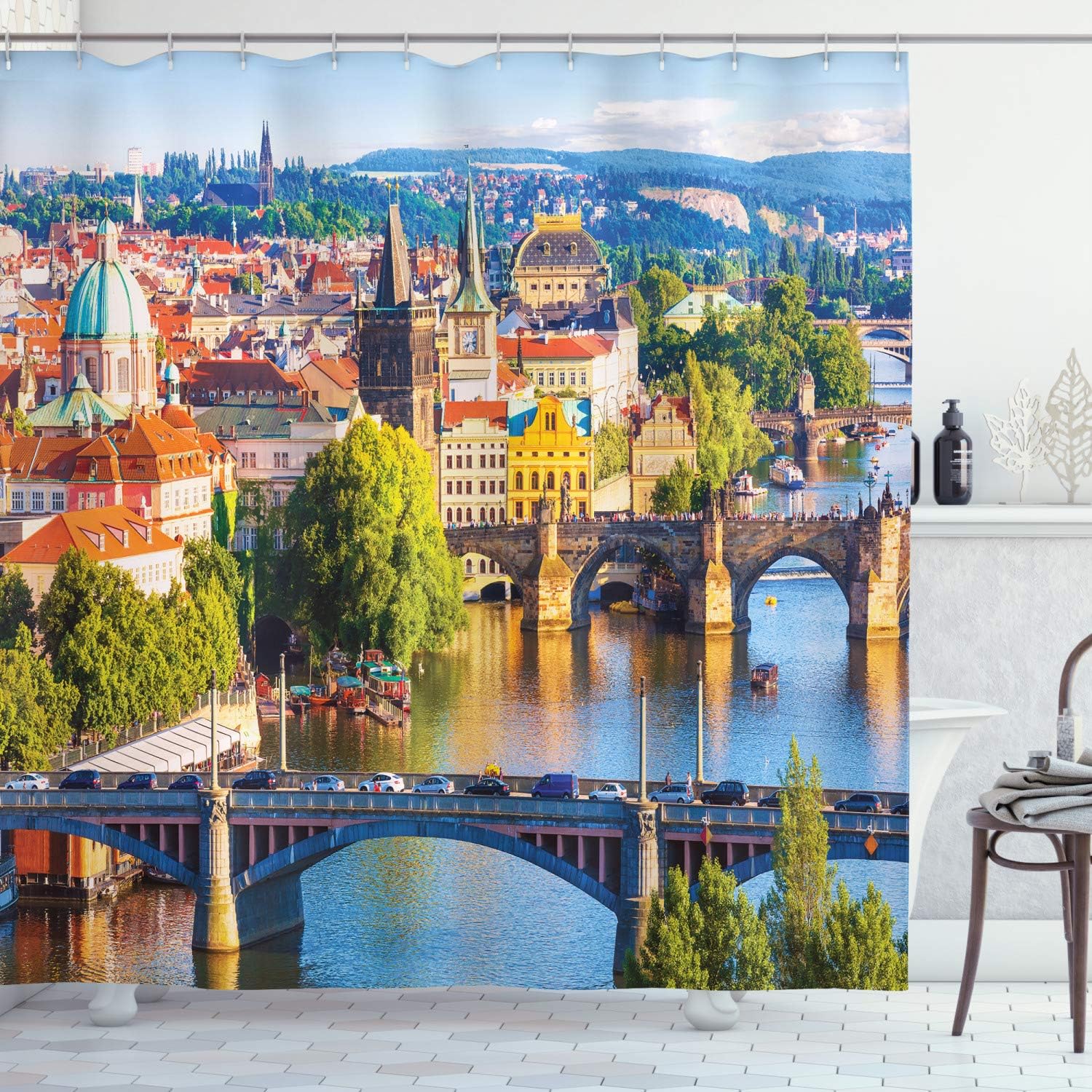 Ambesonne Wanderlust Shower Curtain, Scenic Summer Old Town Charles Bridge Over Vltava River in Prague Czech Republic, Cloth Fabric Bathroom Decor Set with Hooks, 84" Long Extra, Blue Green