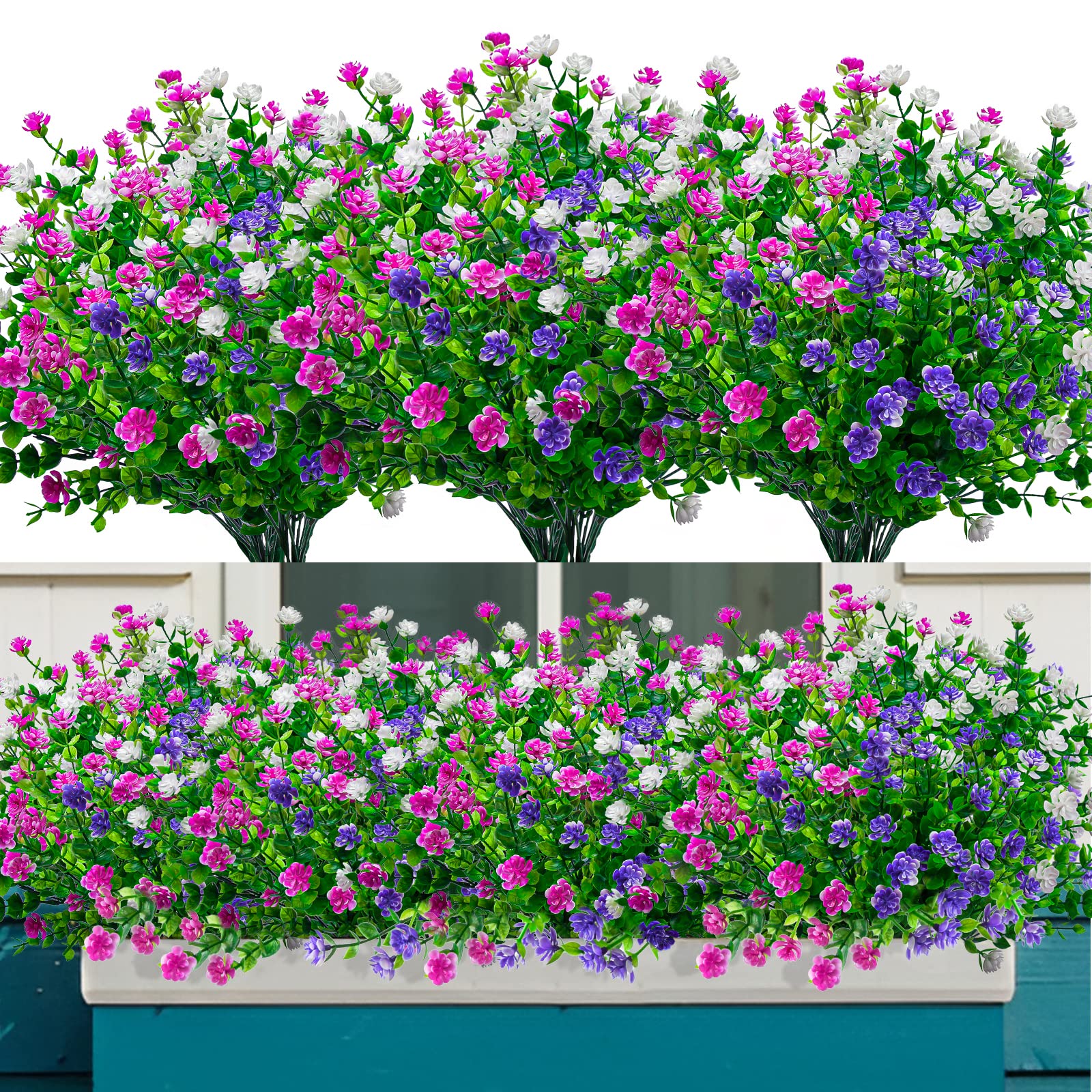 Elecoutek 8 Bundles Artificial Plants and Flowers Outdoor, Fake Flowers UV Resistant Faux Plastic Shrubs for Outside Spring Hanging Basket Garden Window Box Decoration(White Fuchsia Purple)