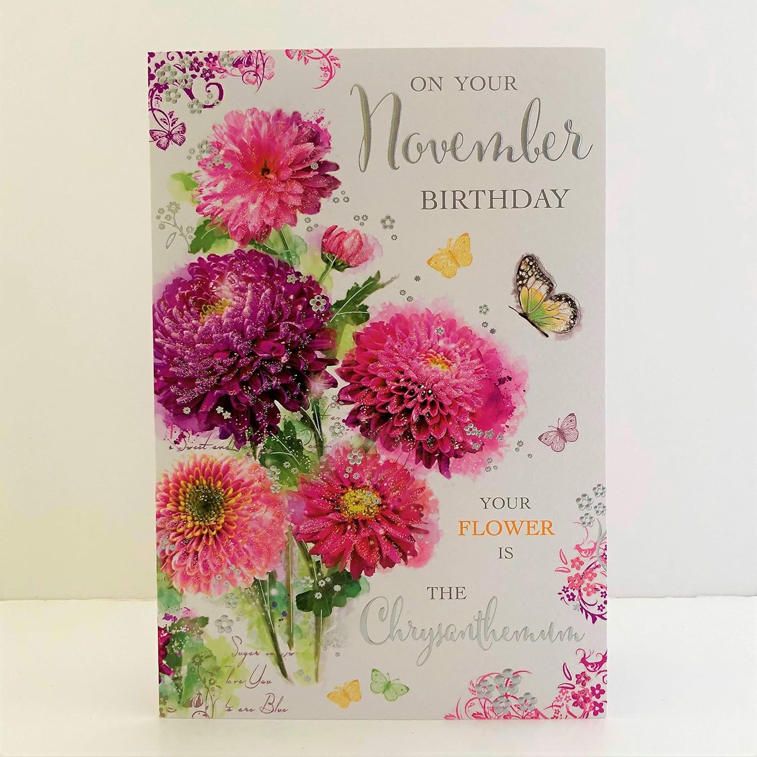 Jonny Javelin Female On Your November Birthday Card - Chrysanthemum Butterflies, red|beige|pink