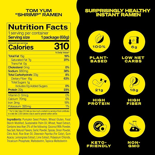 IMMI TOM YUM “SHRIMP” RAMEN, 100% PLANT BASED, KETO FRIENDLY, HIGH PROTEIN, LOW CARB, PACKAGED NOODLE MEAL KIT, READY TO EAT, 2.4 OZ