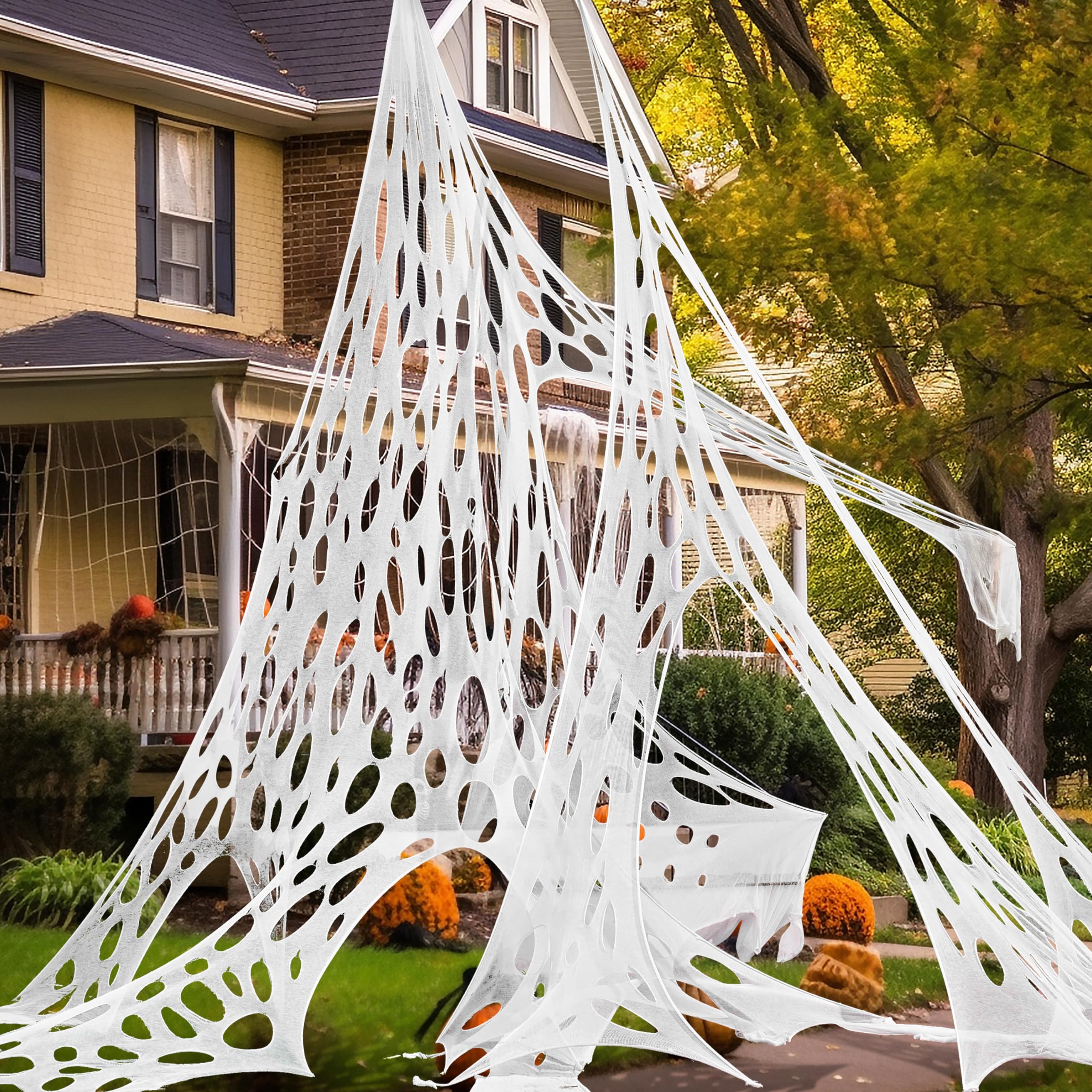 Photo 1 of JOYIN 1000sqft Halloween Spider Web Outdoor Decoration, Giant Spider Cobwebs Halloween Decor Outside, DIY Stretchy Flexible Spiderweb Decor for Haunted House Party Decorations Supplies