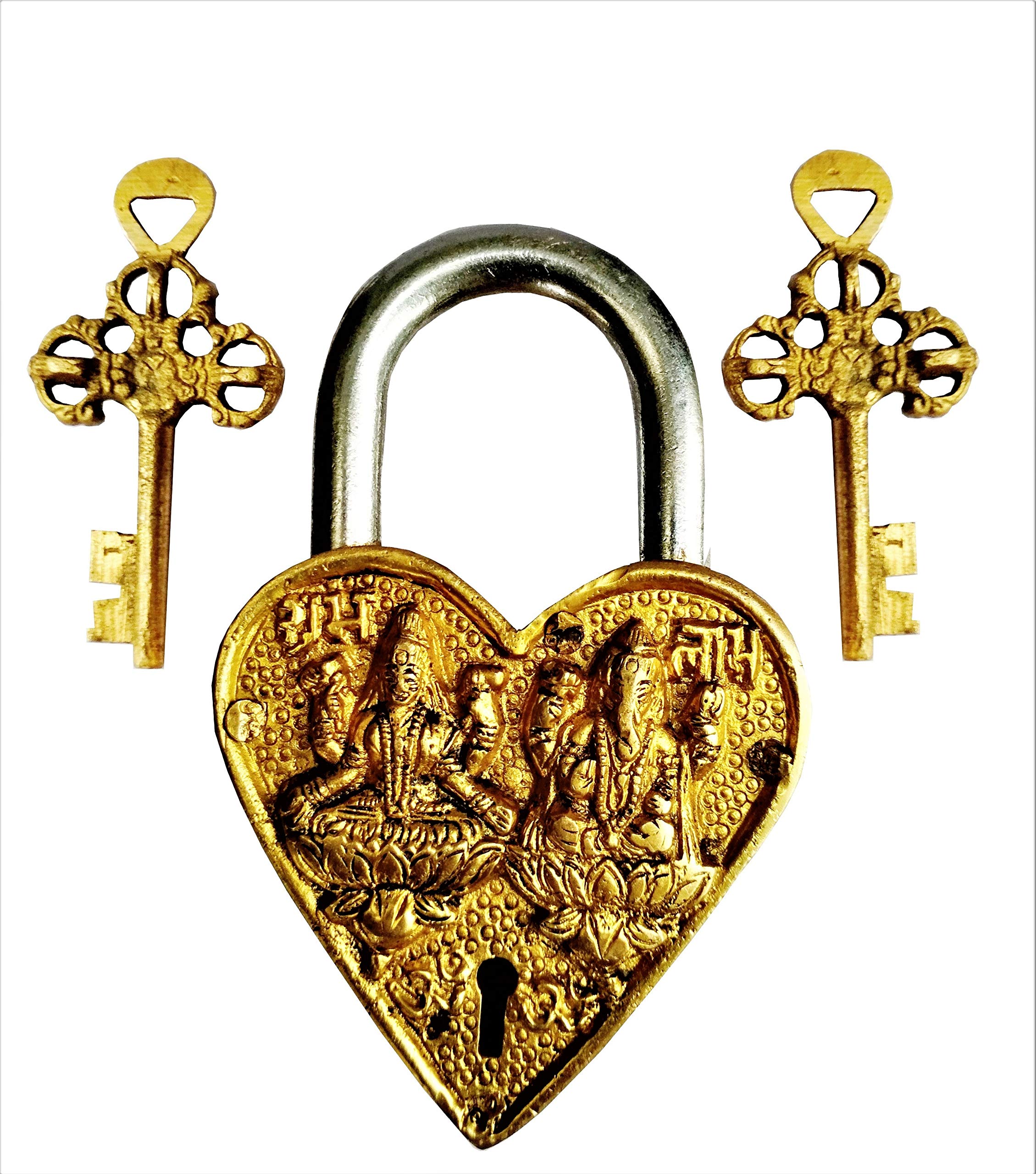 Purpledip Brass Padlock Ganesha-Lakshmi: Paan (Betel Leaf) Shape Antique Design; Unique Collectible (11494)