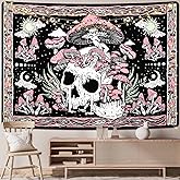 Uspring Mushroom Skull Wall Tapestry - Skeleton Hippie Large Pink Tapestry with Leaves - 51.2 x 59.1 inches for Bedroom Aesthetic, Wall Hanging