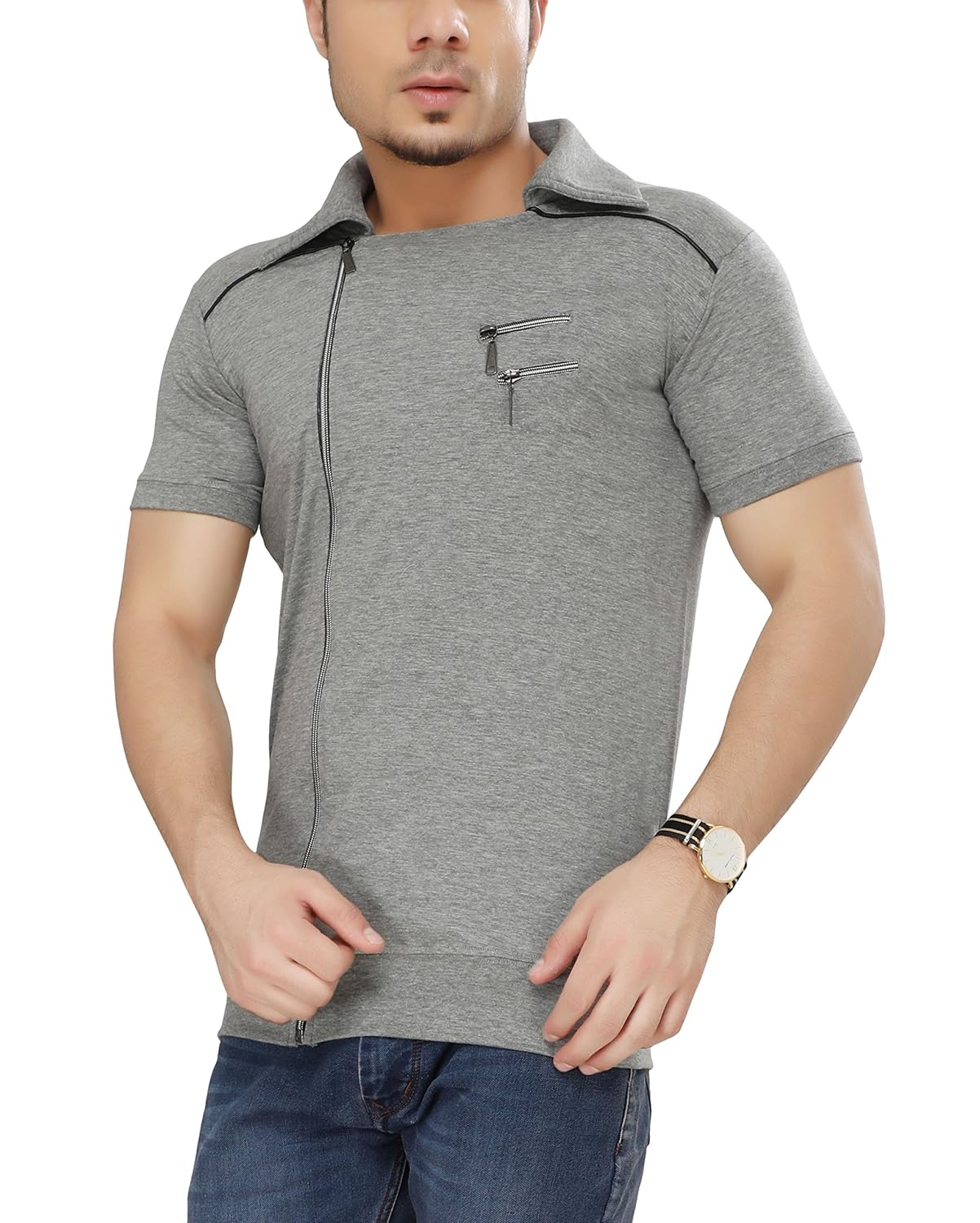 Buy tees collection Men's Cotton Half Sleeve Side Zipper Grey Color T