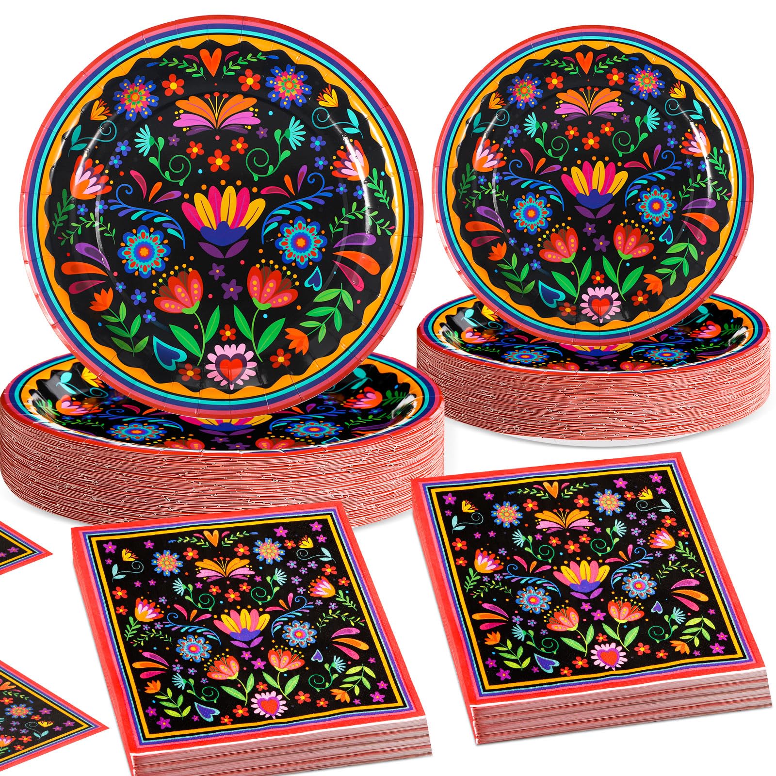 Photo 1 of Potchen 180 Pcs Mexican Party Plates and Napkins 7'' and 9'' Mexican Theme Decorations Disposable Halloween Party Supplies Tableware Set for Halloween Day of The Dead Serve 60
