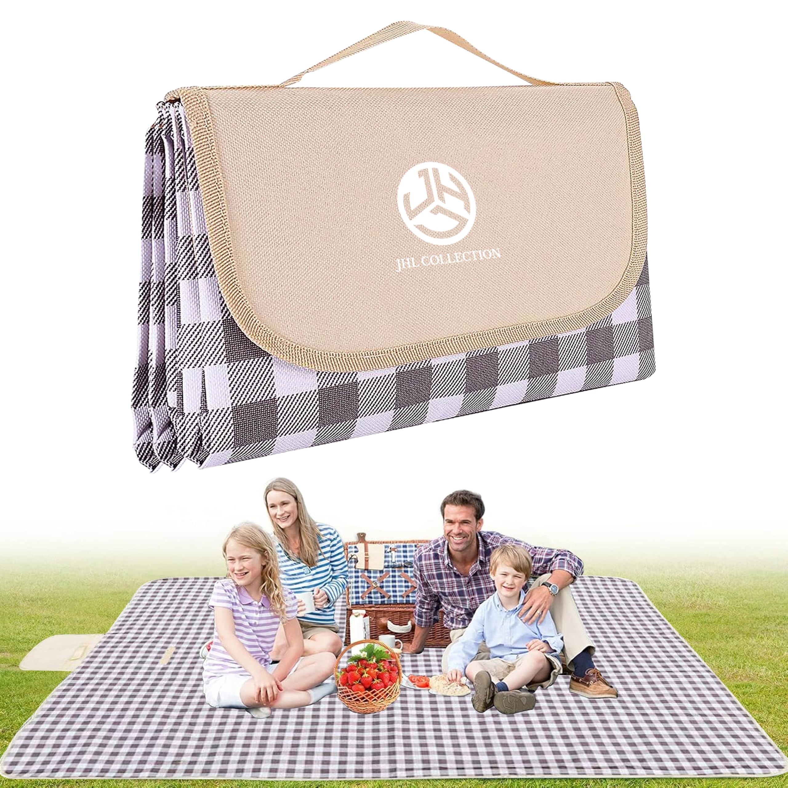 JHL COLLECTION Picnic Blanket Waterproof - 200×195cm Extra Large Outdoor Beach Blankets with Carrying Handle - Sandproof Washable and Foldable Beach Mat for Garden, Camping, Hiking, Travel (Brown)