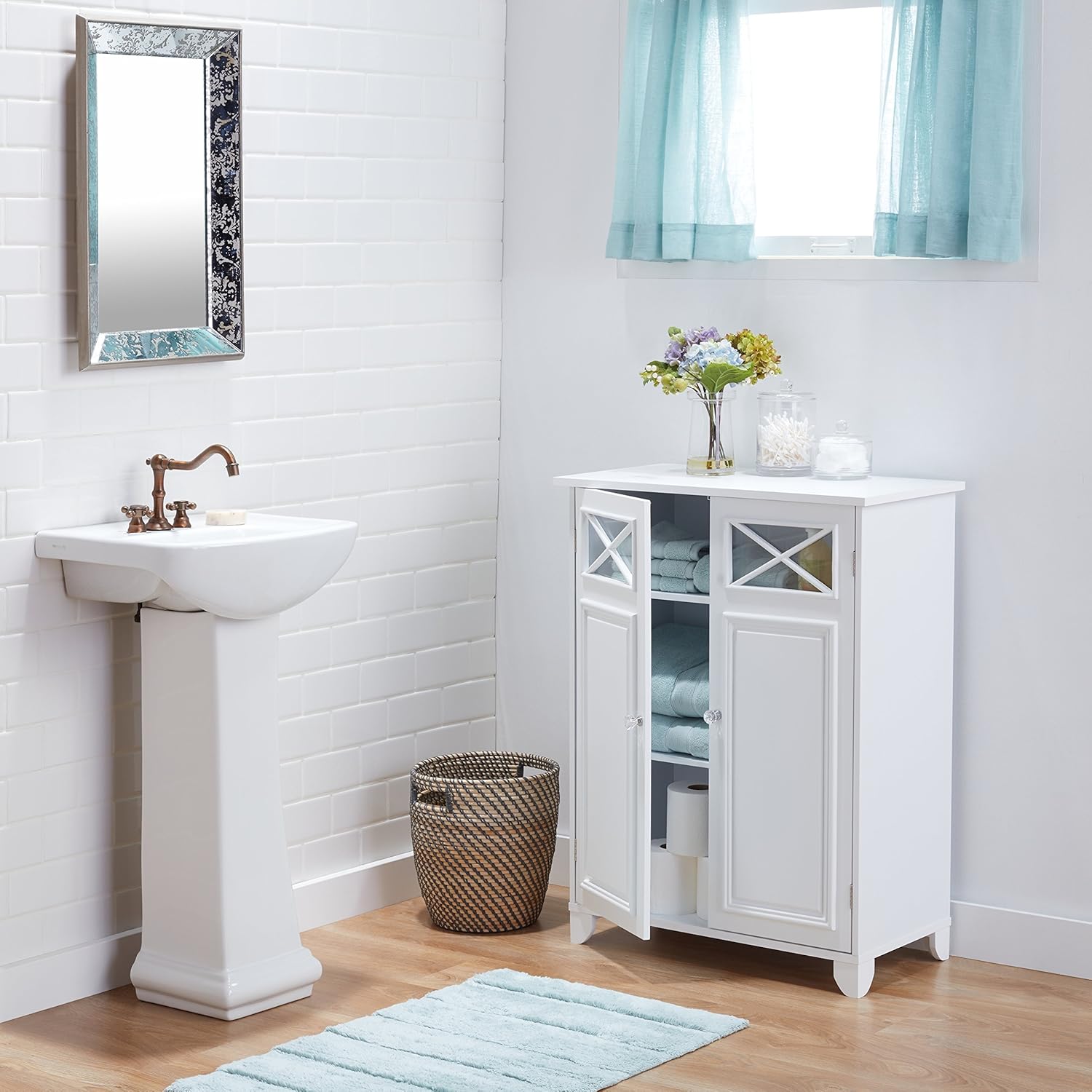 Amazon Com White Wood And Glass Bathroom Linen Cabinet Furniture Decor