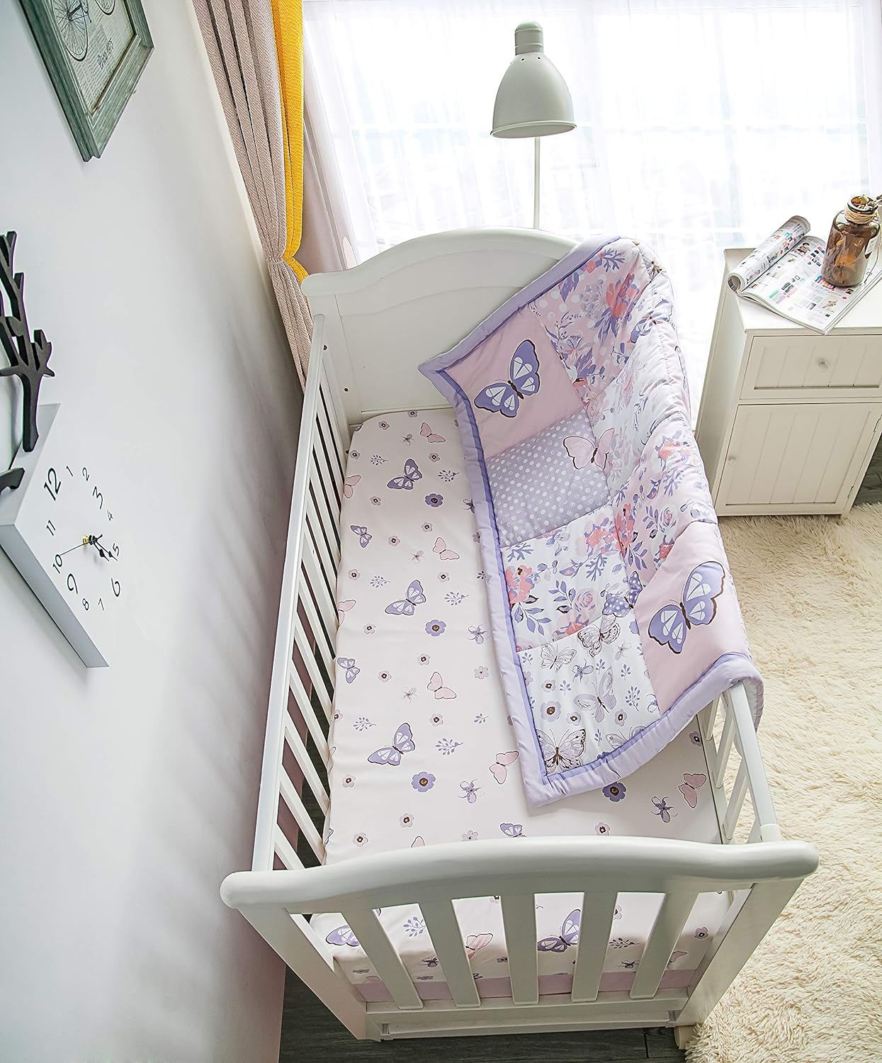 La Premura Butterfly Baby Nursery Crib Bedding Set for Girls – Butterfly 3 Piece Standard Size Crib Bedding Sets in Pastel Pink and Purple: Kitchen & Dining