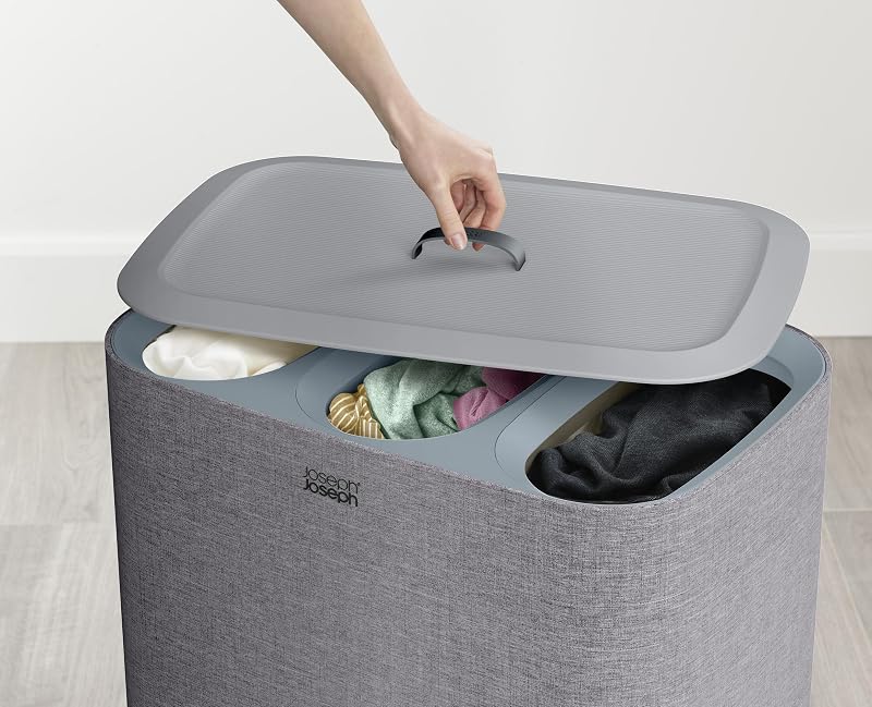 Tota- Trio Panier de séparation du Linge de 90 litres avec Couvercle, 3 Sacs de Lavage Amovibles avec poignées, Gris