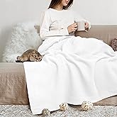THREAD SPREAD Organic GOTS Cotton Blanket, Full/Queen - 350 GSM, Antistatic, Fuzzy Soft, Lightweight, Sofa, Camping & Travel, Perfect Herringbone All Seasons Throw, White with Free Tote Bag