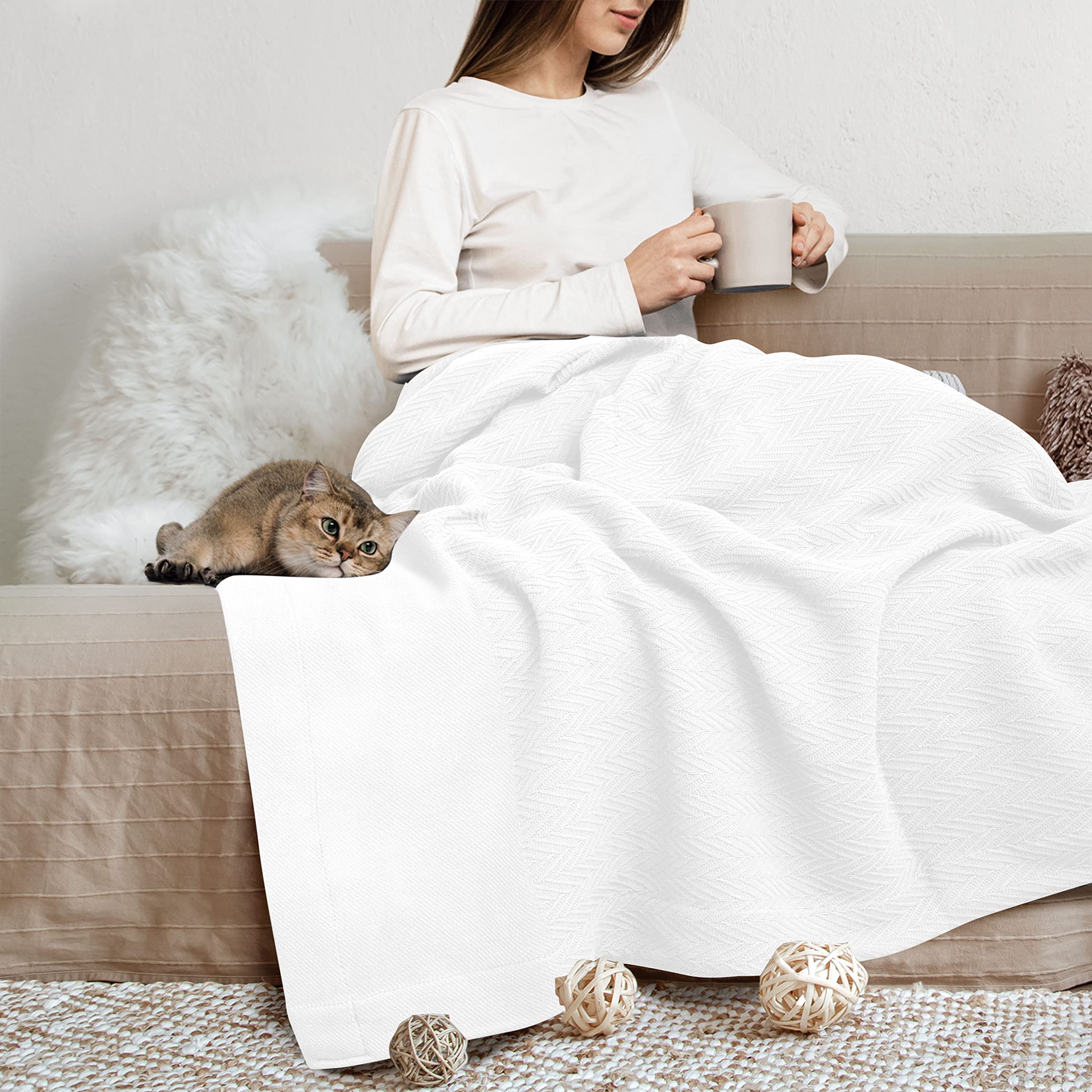 Photo 1 of THREAD SPREAD Organic GOTS Cotton Blanket, Full/Queen - 350 GSM, Antistatic, Fuzzy Soft, Lightweight, Sofa, Camping & Travel, Perfect Herringbone All Seasons Throw, White with Free Tote Bag