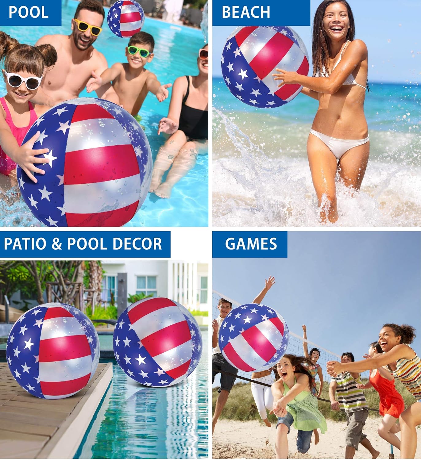 POZA 2 Pack Inflatable Pool Beach Balls - Premium Luxurious 16 Inch Large Beach Balls Filled with Sparkle Silver Stars Confetti, Cool Pool Party Float for Swimming Pool, Beach & Lake USA Flag: Sports & Outdoors